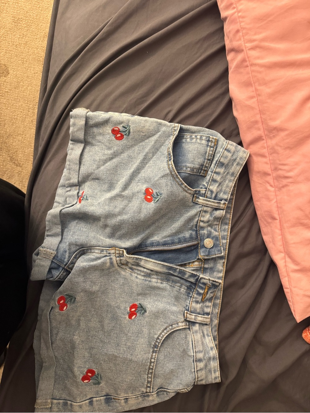 SHEIN Light Blue Denim Cherry Embroidered Shorts